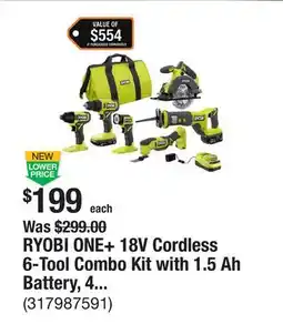 The Home Depot RYOBI ONE+ 18V Cordless 6-Tool Combo Kit with 1.5 Ah Battery, 4.0 Ah Battery, and Charger offer