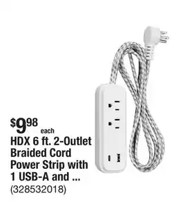The Home Depot HDX 6 ft. 2-Outlet Braided Cord Power Strip with 1 USB-A and 1 USB-C, White offer