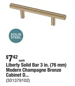 The Home Depot Liberty Solid Bar 3 in. (76 mm) Modern Champagne Bronze Cabinet Drawer Bar Pull offer