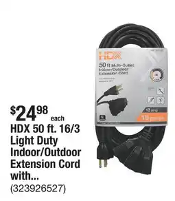 The Home Depot HDX 50 ft. 16/3 Light Duty Indoor/Outdoor Extension Cord with Multiple Outlet Triple Tap End, Black offer
