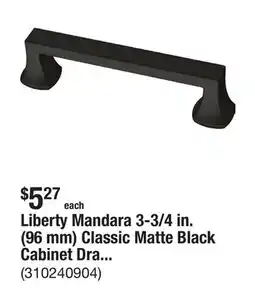 The Home Depot Liberty Mandara 3-3/4 in. (96 mm) Classic Matte Black Cabinet Drawer Bar Pull offer