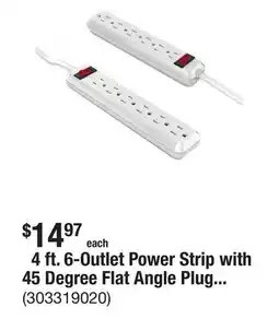 The Home Depot 4 ft. 6-Outlet Power Strip with 45 Degree Flat Angle Plug, White (2-Pack) offer