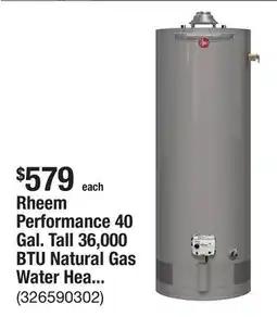 The Home Depot Rheem Performance 40 Gal. Tall 36,000 BTU Natural Gas Water Heater with 6-Year Warranty offer