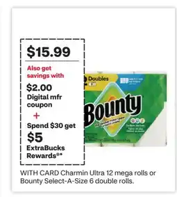 CVS Charmin Ultra 12 mega rolls or Bounty Select-A-Size 6 double rolls offer