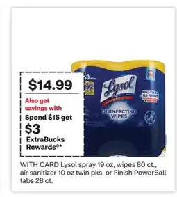 CVS Lysol spray 19 oz, wipes 80 ct., air sanitizer 10 oz twin pks. or Finish PowerBall tabs 28 ct offer