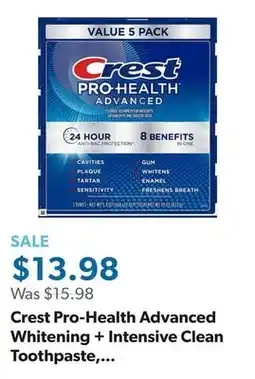 Sam's Club Crest Pro-Health Advanced Whitening + Intensive Clean Toothpaste, 5.8 oz., 5 pk offer