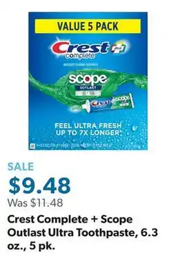 Sam's Club Crest Complete + Scope Outlast Ultra Toothpaste, 6.3 oz., 5 pk offer