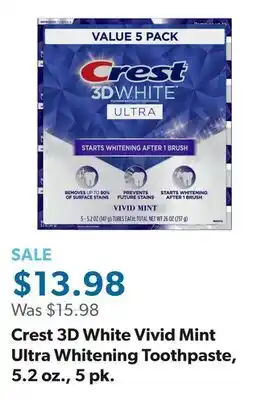 Sam's Club Crest 3D White Vivid Mint Ultra Whitening Toothpaste, 5.2 oz., 5 pk offer