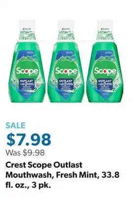 Sam's Club Crest Scope Outlast Mouthwash, Fresh Mint, 33.8 fl. oz., 3 pk offer