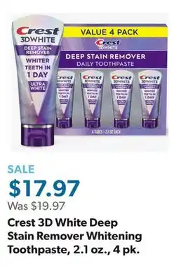 Sam's Club Crest 3D White Deep Stain Remover Whitening Toothpaste, 2.1 oz., 4 pk offer