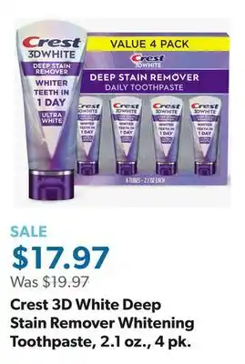 Sam's Club Crest 3D White Deep Stain Remover Whitening Toothpaste, 2.1 oz., 4 pk offer