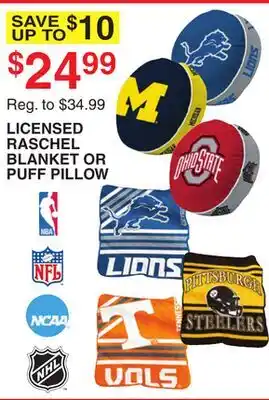 Dunham's Sports LICENSED RASCHEL BLANKET OR PUFF PILLOW offer
