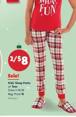 Family Dollar Kids' Sleep Pants or Tees offer