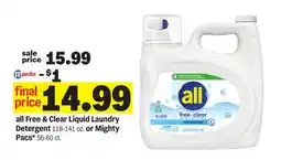 Meijer all Free & Clear Liquid Laundry Detergent 118 141 oz. or Mighty Pacs* 56-60 ct offer