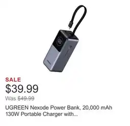 Costco UGREEN Nexode Power Bank, 20,000 mAh 130W Portable Charger with Built-in Cable offer