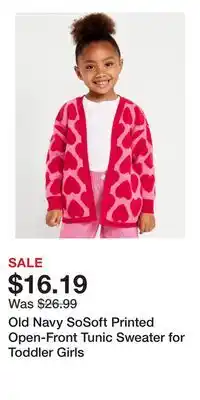 Old Navy Old Navy SoSoft Printed Open-Front Tunic Sweater for Toddler Girls offer
