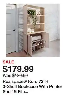 Office Depot Realspace Koru 72H 3-Shelf Bookcase With Printer Shelf & File Storage, Natural Oak, BIFMA Compliant offer