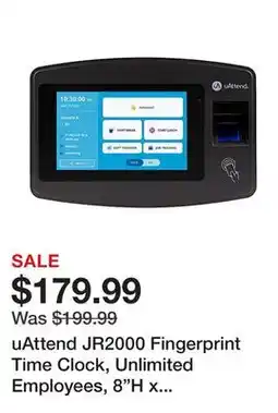 Office Depot uAttend JR2000 Fingerprint Time Clock, Unlimited Employees, 8H x 10W x 3D offer