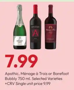 Stater Bros Apothic, Ménage à Trois or Barefoot Bubbly offer