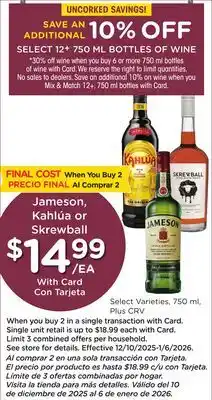 Ralphs Jameson, Kahlúa or Skrewball offer