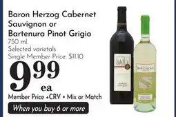 Pavilions Baron Herzog Cabernet Sauvignon or Bartenura Pinot Grigio offer