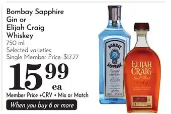 Pavilions Bombay Sapphire Gin or Elijah Craig Whiskey offer
