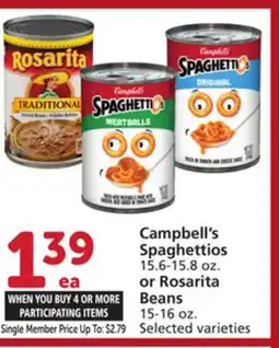 Albertsons Campbell's Spaghettios 15.6-15.8 oz. or Rosarita Beans 15-16 oz offer