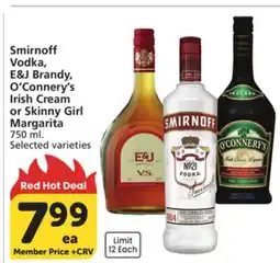 Albertsons Smirnoff Vodka, E & J Brandy, O'Connery's Irish Cream or Skinny Girl Margarita offer