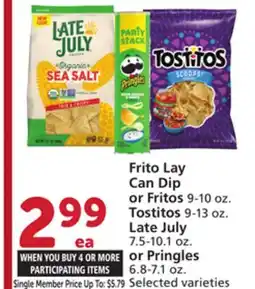 Albertsons Frito Lay Can Dip or Fritos 9-10 oz. Tostitos 9-13 oz. Late July 7.5-10.1 oz. or Pringles 6.8-7.1 oz offer