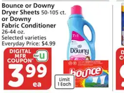 Albertsons Bounce or Downy Dryer Sheets 50-105 ct. or Downy Fabric Conditioner 26-44 oz offer