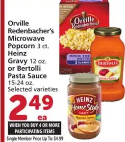 Vons Orville Redenbacher's Microwave Popcorn 3 ct. Heinz Gravy 12 oz. or Bertolli Pasta Sauce 15-24 oz offer