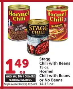Vons Stagg Chili with Beans 15 oz. Hormel Chili with Beans or No Beans 14-15 oz offer