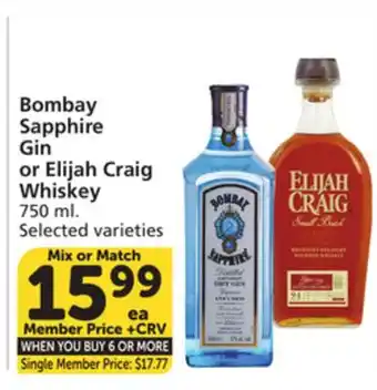 Vons Bombay Sapphire Gin or Elijah Craig Whiskey offer