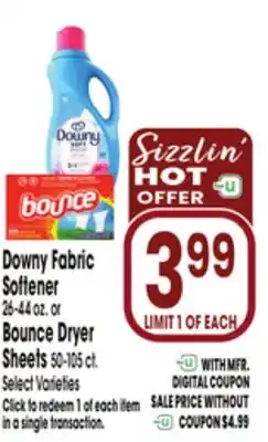 Jewel-Osco Downy Fabric Softener 26-44 oz. or 26-44 oz. or Bounce Dryer Sheets 50-105 ct offer
