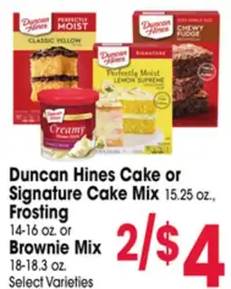 Jewel-Osco Duncan Hines Cake or Signature Cake Mix 15.25 oz., Frosting 14-16 oz. or Brownie Mix 18-18.3 oz offer