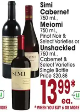 Jewel-Osco Simi Cabernet 750 ml., Meiomi 750 ml., Pinot Noir or Unshackled 750 ml., Cabernet offer