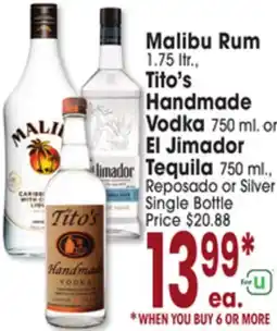 Jewel-Osco Malibu Rum 1.75 ltr. Tito's Homemade Vodka 750 ml. or El Jimador Tequila 750 ml., Reposado or Silver offer