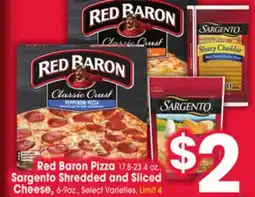 Jewel-Osco Red Baron Pizza 17.8-23.4 oz., Sargento Shredded and Sliced Cheese, 6-9oz offer