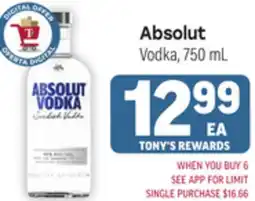Tony’s Fresh Market Absolut Vodka offer