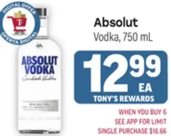 Tony’s Fresh Market Absolut Vodka offer