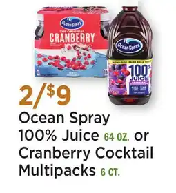 Heinen's Ocean Spray 100% Juice 64 OZ. or Cranberry Cocktail Multipacks 6 CT offer