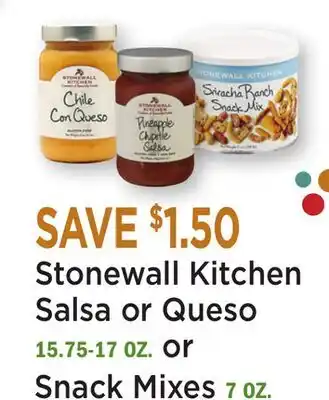 Heinen's Stonewall Kitchen Salsa or Queso 15.75-17 OZ. or Snack Mixes 7 OZ offer