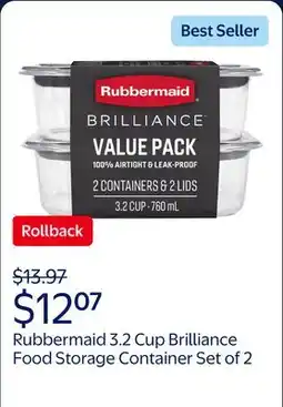 Walmart Rubbermaid 3.2 Cup Brilliance Stain-Proof Food Storage Container, Set of 2 offer