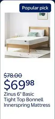 Walmart Zinus 6 Basic Tight Top Bonnell Innerspring Mattress, Twin offer