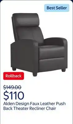 Walmart Alden Design Faux Leather Push Back Theater Recliner Chair with Footrest for Livingroom, Black offer