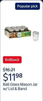 Walmart Ball Glass Mason Jar w/ Lid & Band, Regular Mouth offer