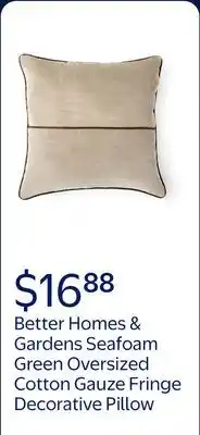 Walmart Better Homes & Gardens 22 x 22 Seafoam Green Oversized Cotton Gauze Fringe Decorative Pillow offer