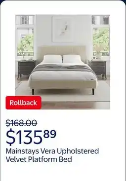 Walmart Mainstays Vera Upholstered Velvet Platform Bed, No Box Spring Required, Queen, Cream offer