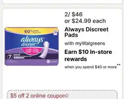 Walgreens Always Discreet Pads offer