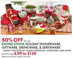 Boscov's ENTIRE STOCK HOLIDAY DINNERWARE, GIFTWARE, DRINKWARE, & SERVEWARE offer